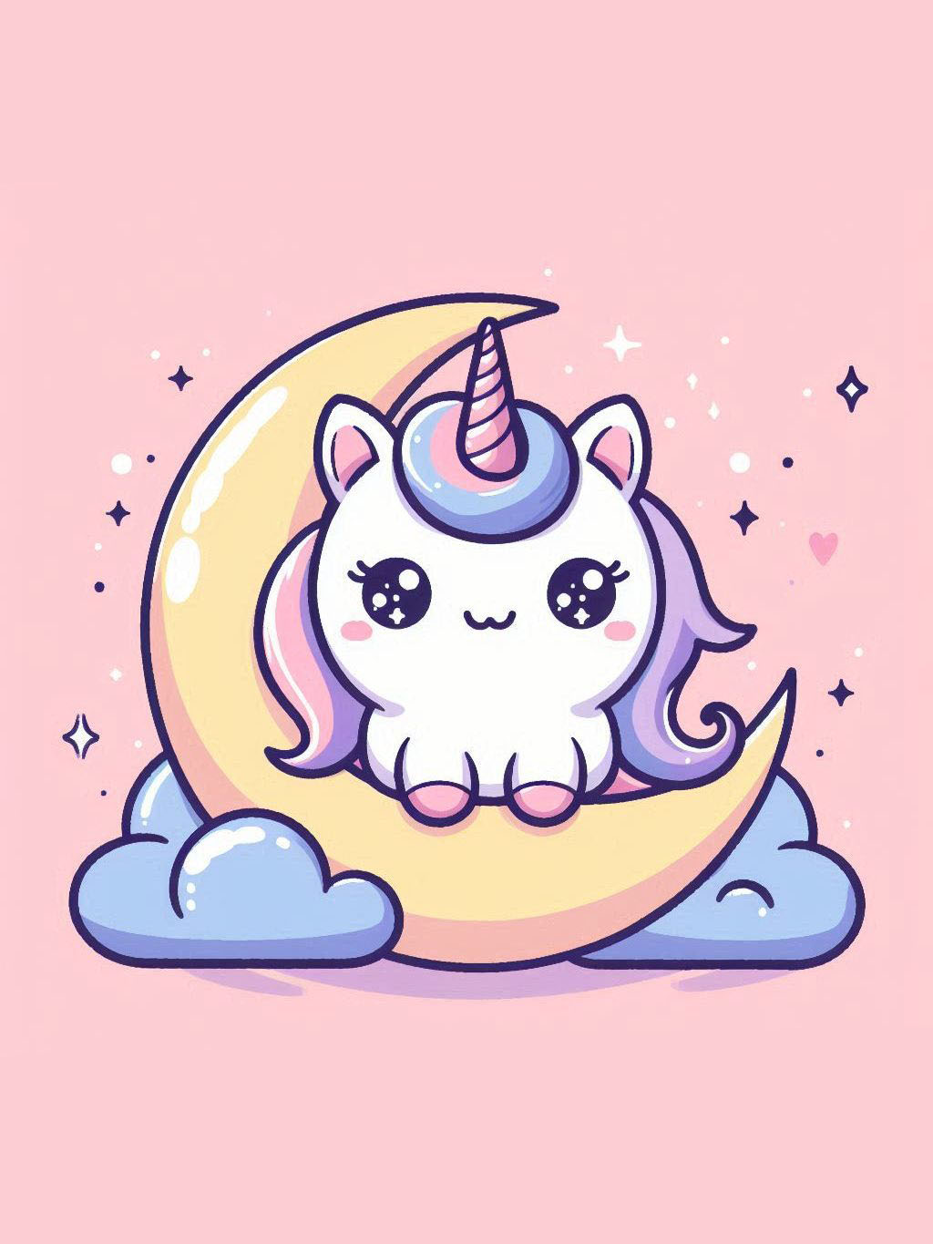 halloween unicorn illustration ideas featuring a cute unicorn sitting on a crescent moon surrounded by stars and clouds, showcasing a whimsical Halloween theme.